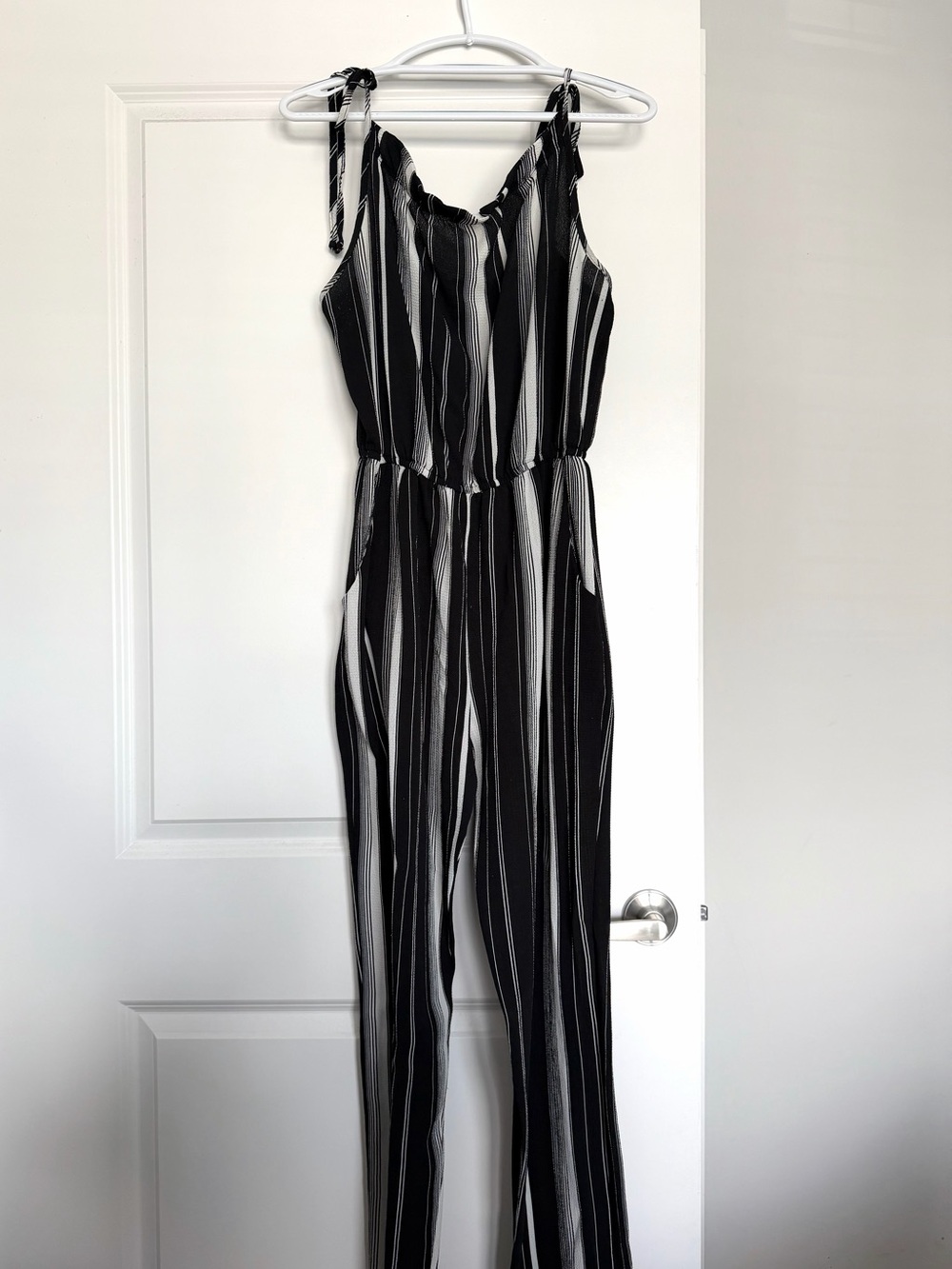 Green Envelope Black and White Vertical Stripe Tie-Shoulder Jumpsuit